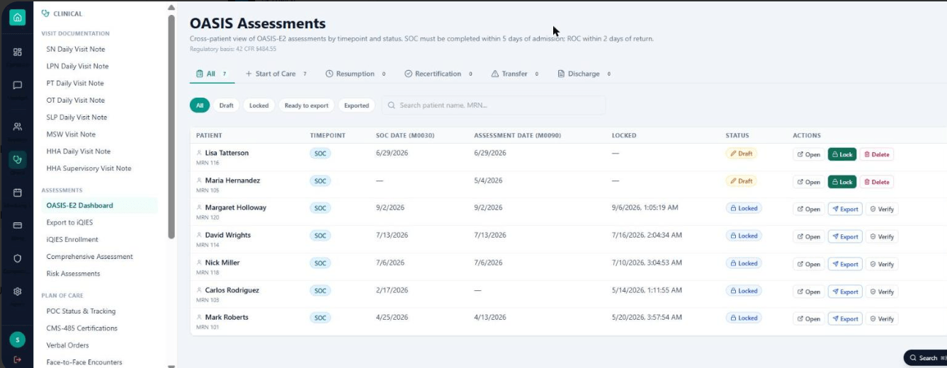 Sothcare OASIS-E2 assessment dashboard listing start-of-care assessments by patient, with SOC date (M0030), assessment date (M0090), lock timestamp, draft or locked status, and Export to iQIES actions.